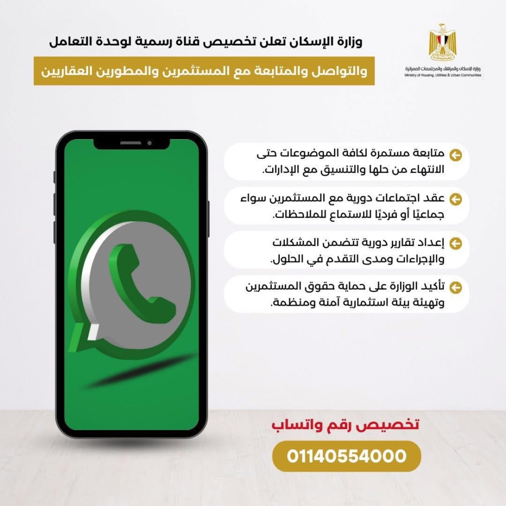 الإسكان تعلن تخصيص قناة رسمية لوحدة التعامل والتواصل والمتابعة مع المستثمرين والمطورين العقاريين