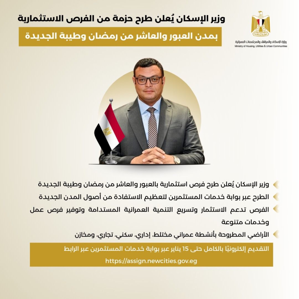 وزير الإسكان يُعلن طرح حزمة من الفرص الاستثمارية بمدن العبور والعاشر من رمضان وطيبة الجديدة